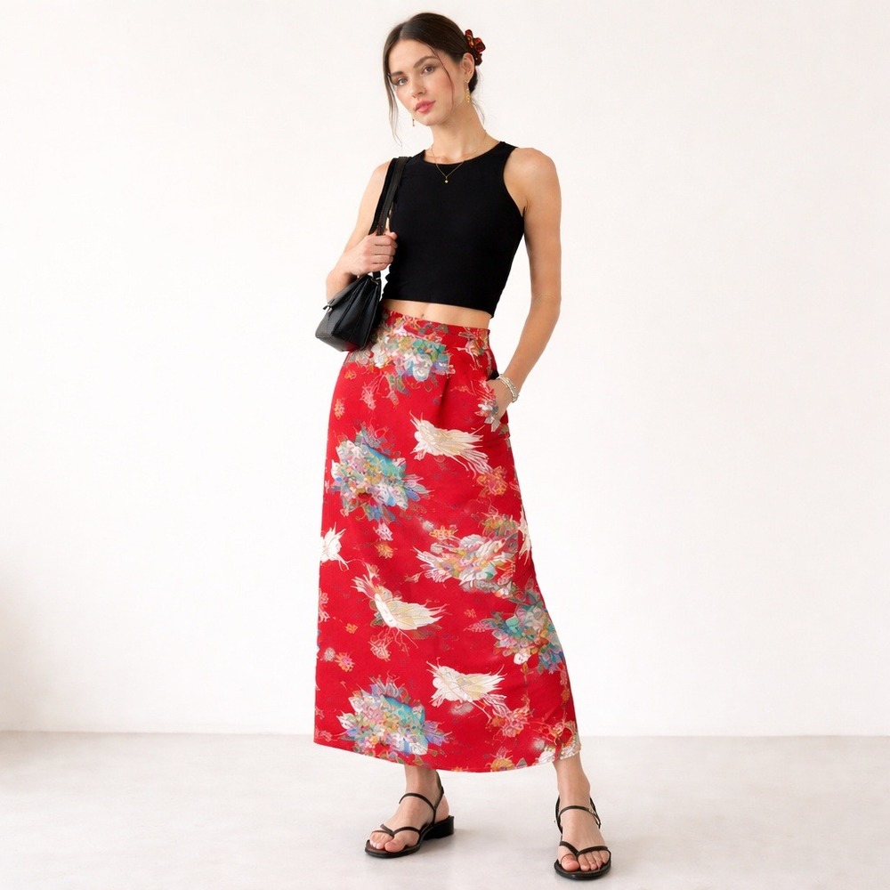 Vintage 90s Red Crane Scenic Print Rayon Statement Midi Skirt Maximalist Large‎